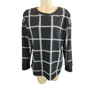 Liz Claiborne Plaid Pullover Top Lace back Long Sleeve Black/Gray Sz Large